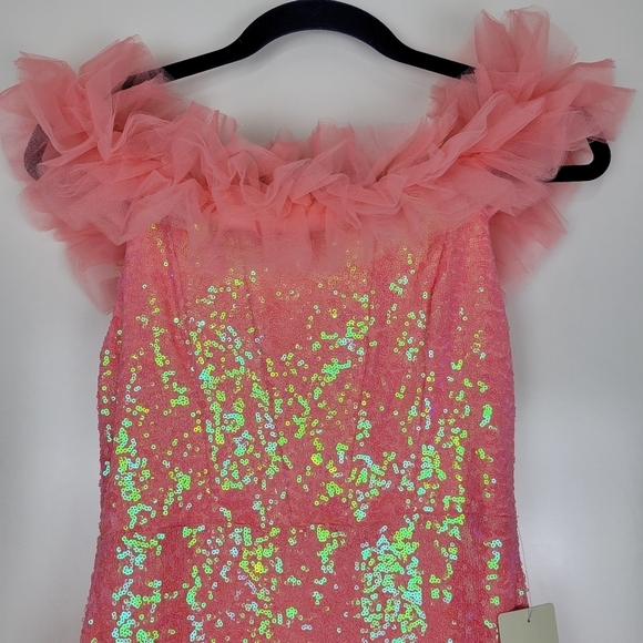 NWT Pear Culture Juniors Tulle-Trim Off-The-Shoulder Sequin Gown in Coral Size 9 - Picture 6 of 12